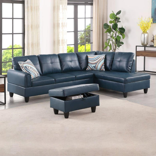 Denim L-Shaped 3-Piece Faux Leather Sofa with Storage Ottoman Set, Sectional Couch Sofa Set for Living Room, Office, Small Space