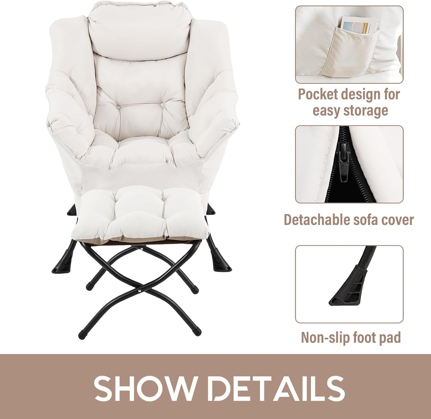 LITA Lazy Chair with Ottoman, Modern Accent Leisure Upholstered Sofa, Contemporary Lounge Reading Chair with Armrests and a Side Pocket for Living Room, Bedroom & Small Space, Beige