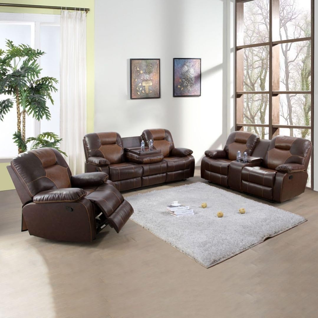 Manual Breathing Leather Recliner Sofa, Leather Recliner Couch, Comfortable Wide Lazy Leather Sofa for Living Room (Brown, 3-Piece)