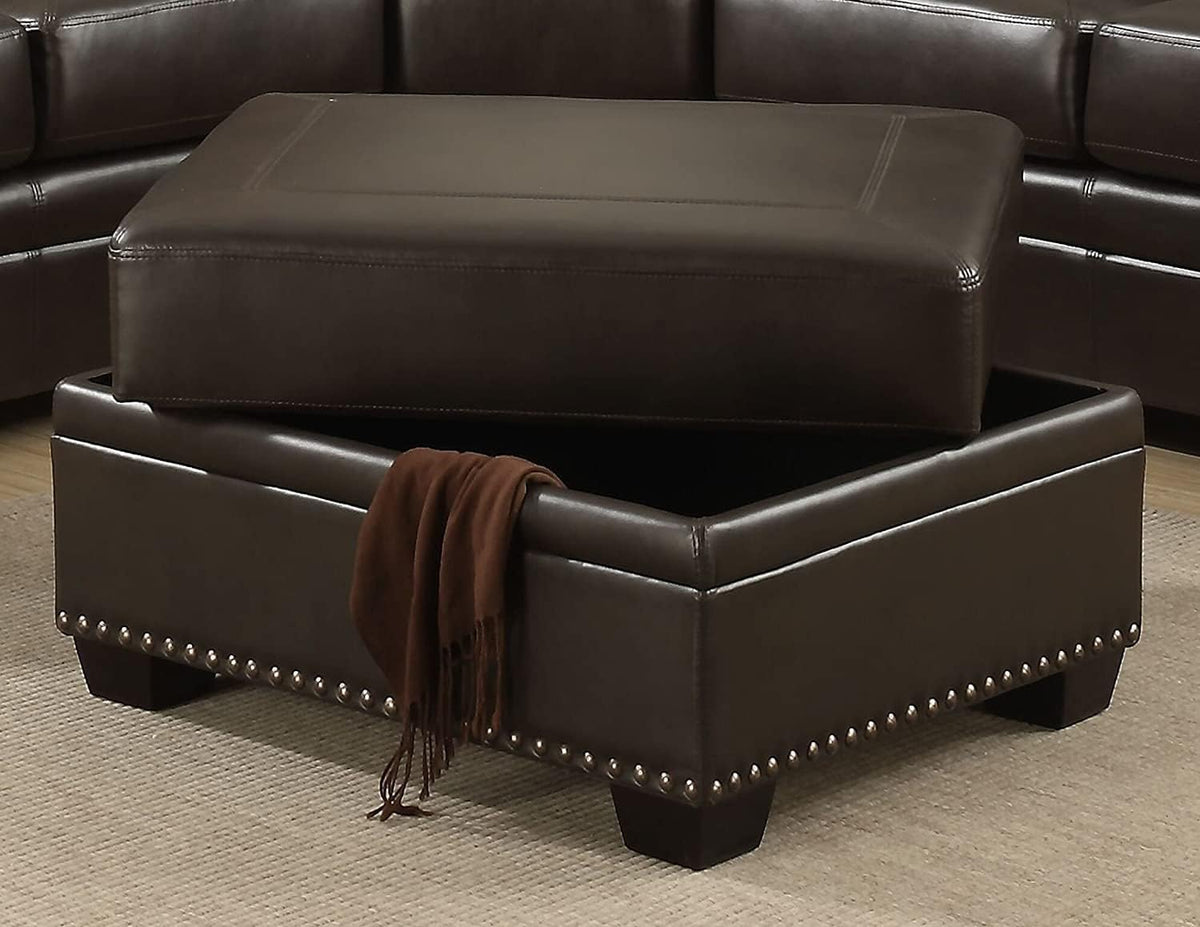 AC Pacific Louis Collection Traditional Upholstered Leather Living Room Piece with Antique Brass Nail Head Trim, Ottoman, Dark Brown