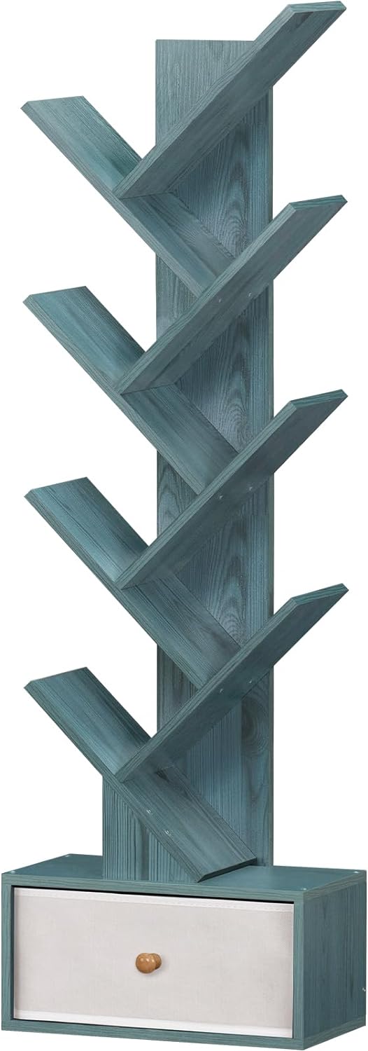 8 Tier Tree Bookshelf with Drawer, Free Standing Wood Bookcase for Narrow Space, Storage Organizer Bookshelves for Books, Book Case for Home Office, Living Room, Bedroom, Navy Blue