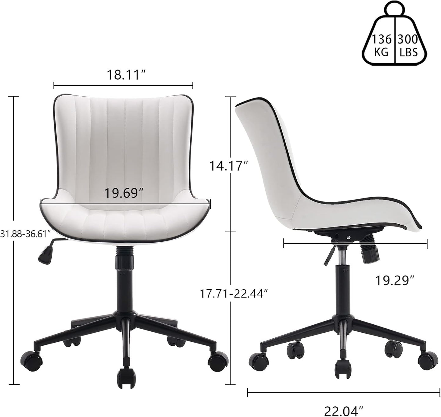 YOUNIKE Home Office Desk Chair with Wheels Armless Vanity Chair with Back Comfy Modern Leather Upholstered Rolling Task Chair Swivel Small Cute Computer Chair No Arms Wide Adjustable Ergonomic White