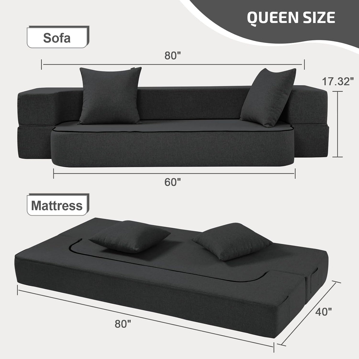 2-in-1 Folding Sofa Bed with Pillows - Folding Chair Floor Couch & Sleeping Mattress - Washable Cover & Memory Foam Sleeper Chair for Living Room/Guest Room/Apartment/Loft, Dark Gray, Twin XL