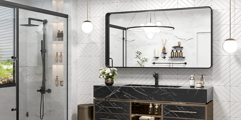 TokeShimi 48 x 24 Inch Wall Mirror Black Bathroom Vanity Mirror with Metal Frame Aluminum Alloy Rounded Corner for Modern Farmhouse Wall Decor 1”Deep Set Design (Horizontal/Vertical)
