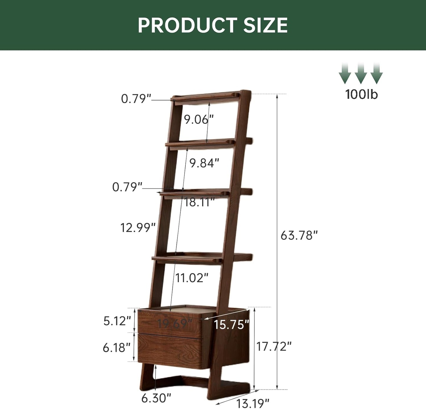 100% Solid Wood 5 Tier Ladder Shelf, Narrow Ladder Bookshelf with Drawers, 63.78" Tall Wood Bookcase Storage Rack Organizer, Freestanding Storage Shelve for Living Room Bedroom