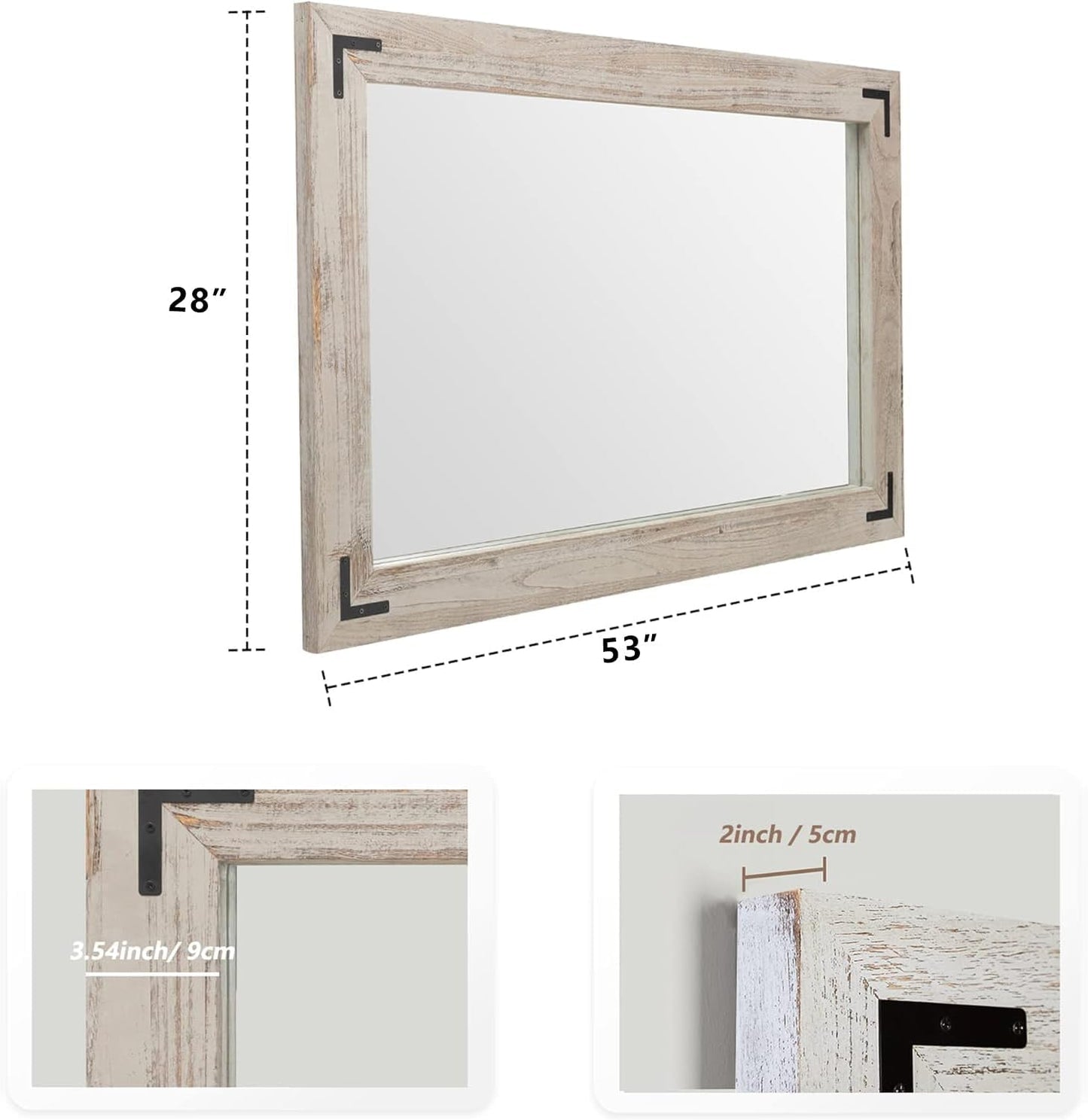 YOSHOOT Rustic Wooden Framed Wall Mirror, Natural Wood Bathroom Vanity Mirror for Farmhouse Decor, Vertical or Horizontal Hanging, 53" x 28", Grey