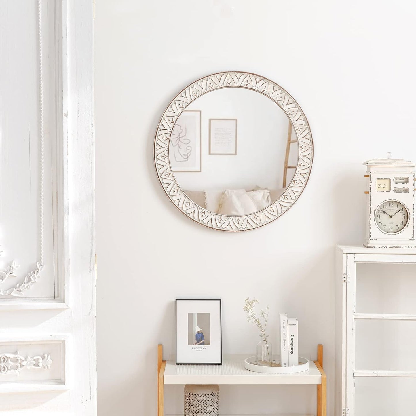 20" Round Rustic Mirror Wooden Frame Circle Mirrors, Distressed Wall Mounted Mirror for Bathroom, Bedroom, Living Room, Entryway, Fireplace, Hall