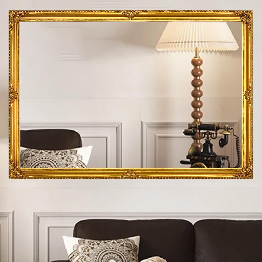 39" x 27" Large Vintage Mirror Wall Decor, Gold Ornate Decorative Wall Mirror with Elegant Victorian Wood Frame for Living Room Fireplace, Dining Room, Bathroom
