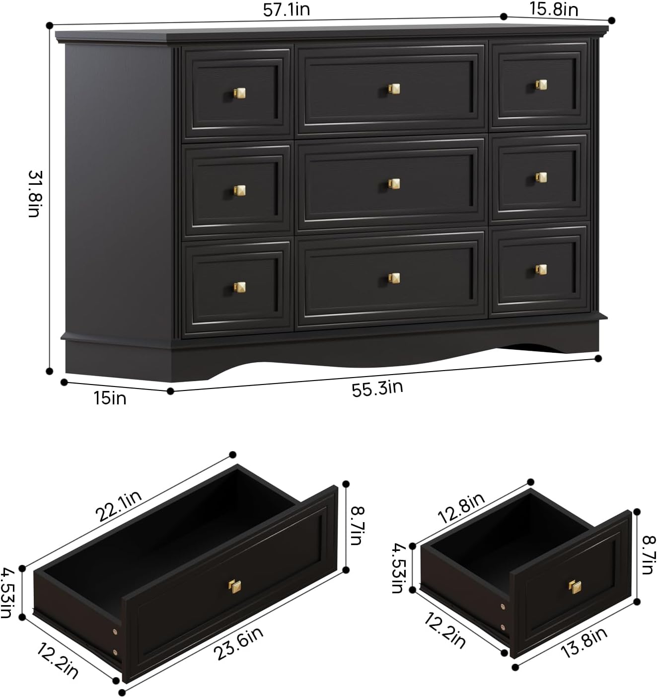 9-Drawer Dresser, 57" Wooden Chest of Drawers with Rustic Top, Modern Farmhouse Furniture Organizer, Bedroom Storage Cabinet for Clothes, Accessories, Living Room, or Entryway, Black