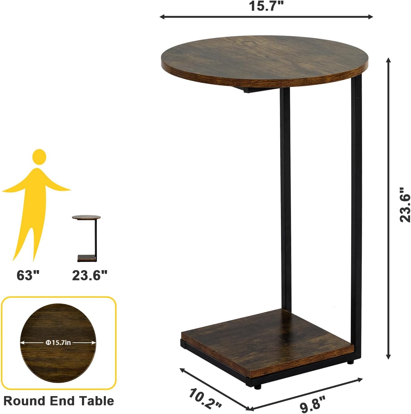 DCLRN C Table End Table Set of 2,C Shaped End Table for Round,Round Side Table is Suitable for Living Room and Bedroom.(Brown)