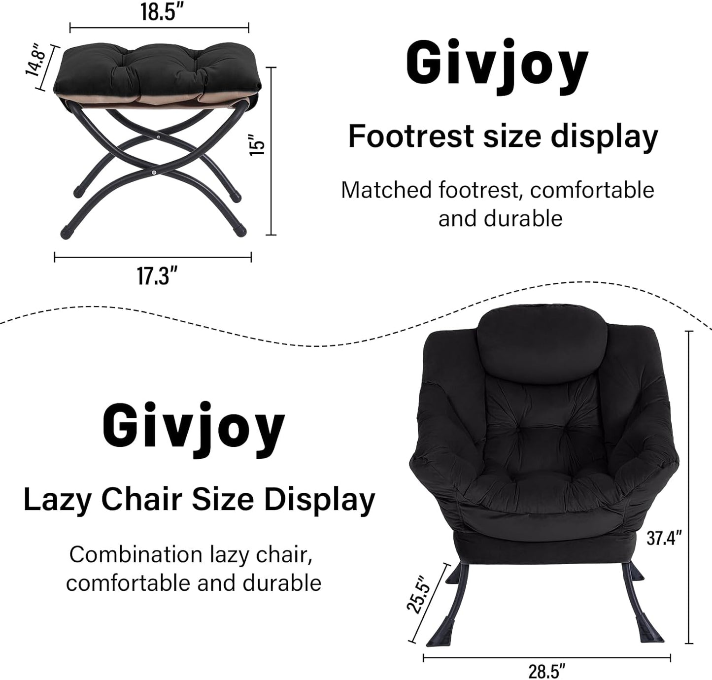 Cozy Lazy Chair and Ottoman, Large Contemporary Accent Lounge Chair Set, Leisure Upholstered Reading Armchair for Bedroom, Living Room, Dorm Rooms, Office