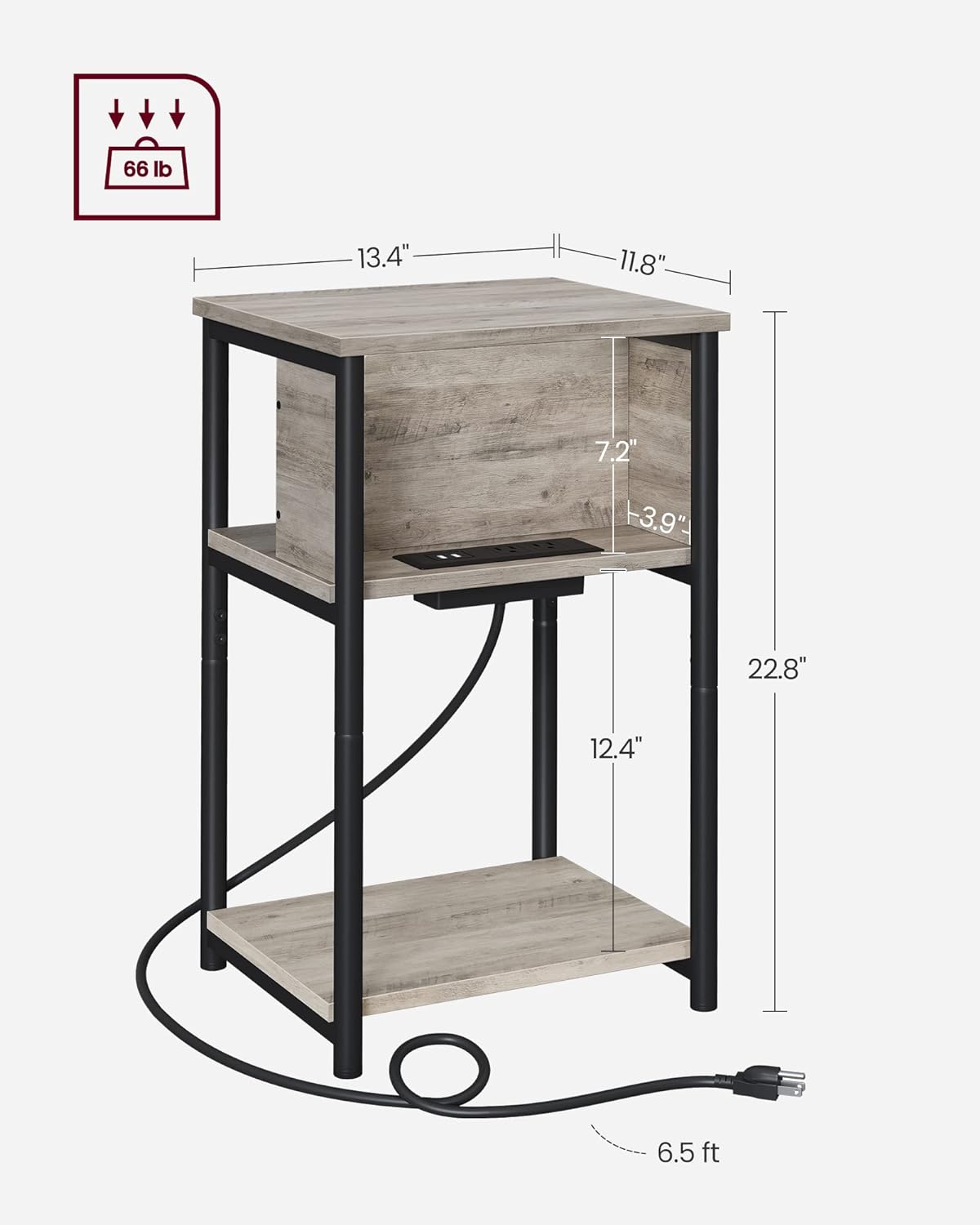VASAGLE Side Table with Charging Station, 3-Tier End Table with USB Ports and Outlets, Nightstand for Living Room, Bedroom, 11.8 x 13.4 x 22.8 Inches, Plug-in Series, Greige and Black