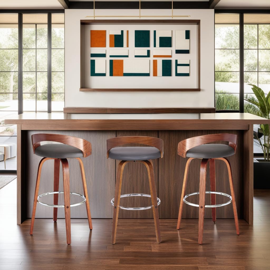 Armen Living Sonia 30" Bar Height Swivel Gray Faux Leather and Walnut Wood Bar Stool - Set of 3