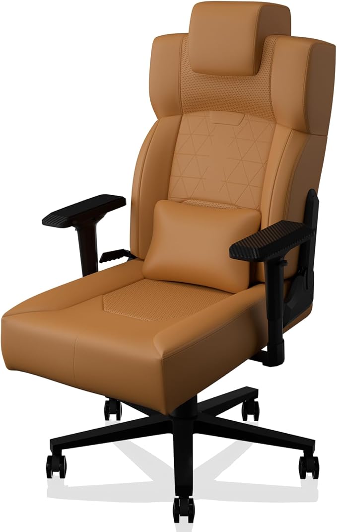Gaming Chair Big and Tall for Adults,Ergonomic Comfortable Wide Office Chair with Lumbar Support,Desk Computer Chair High Back 155° Recline with Angle Lock,PU,Yellow Brown