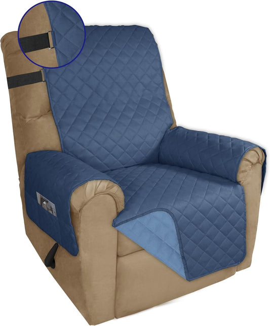 PureFit Reversible Sofa Cover Water Resistant Recliner Couch Cover, Machine Washable Furniture Cover with Adjustable Strap for Dogs, Pets (Recliner, Dark Blue/Light Blue)