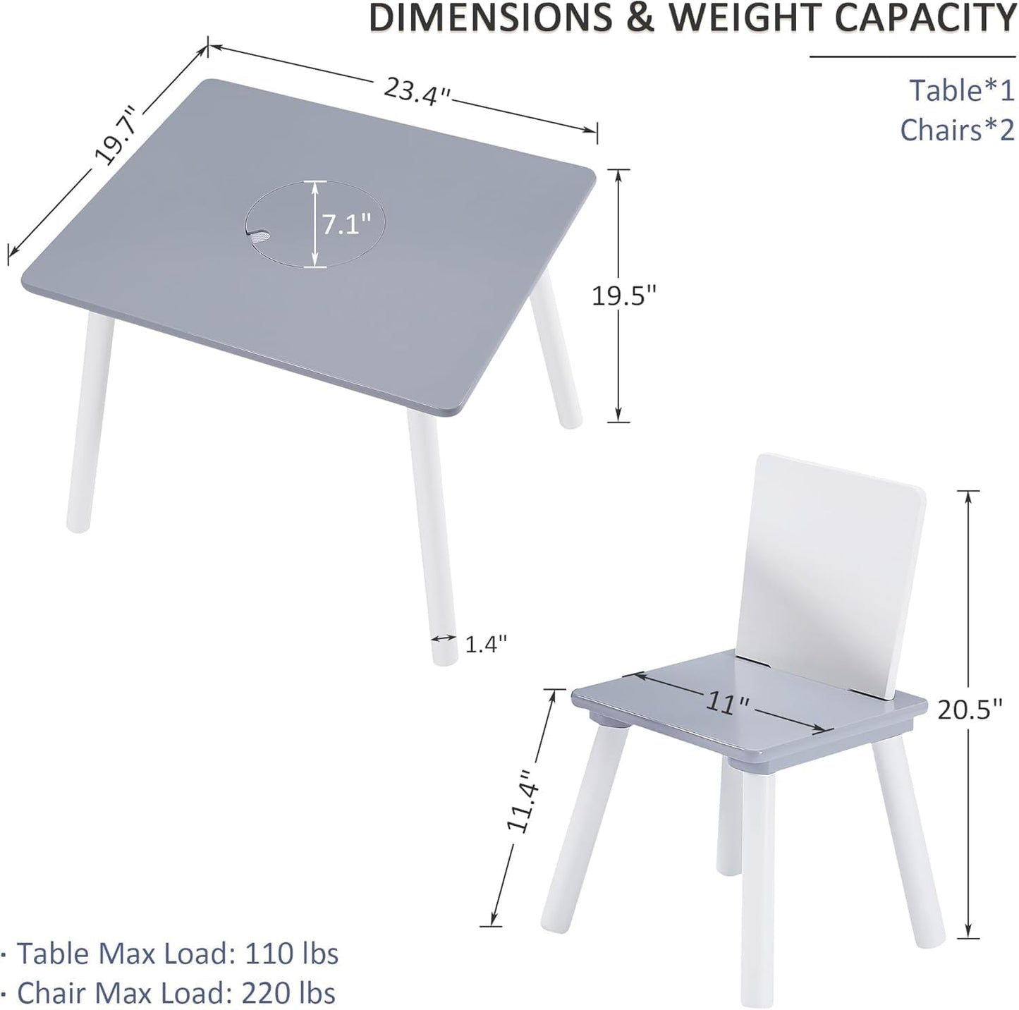 VECELO Activity Table and 2 Chair Set with Hidden Mesh Storage, Durable Playroom Furniture, Modern Design, Easy Assembly, Grey & White