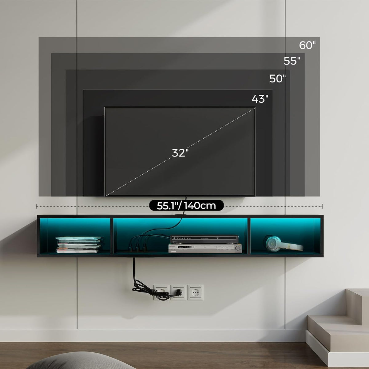 Rolanstar TV Stand with Power Outlet, Floating TV Stand with RGB Lights, 55.1" Wall Mounted TV Shelf, Glossy Black Media Console with Storage Shelf, Entertainment Under TV for Living Room, Bedroom