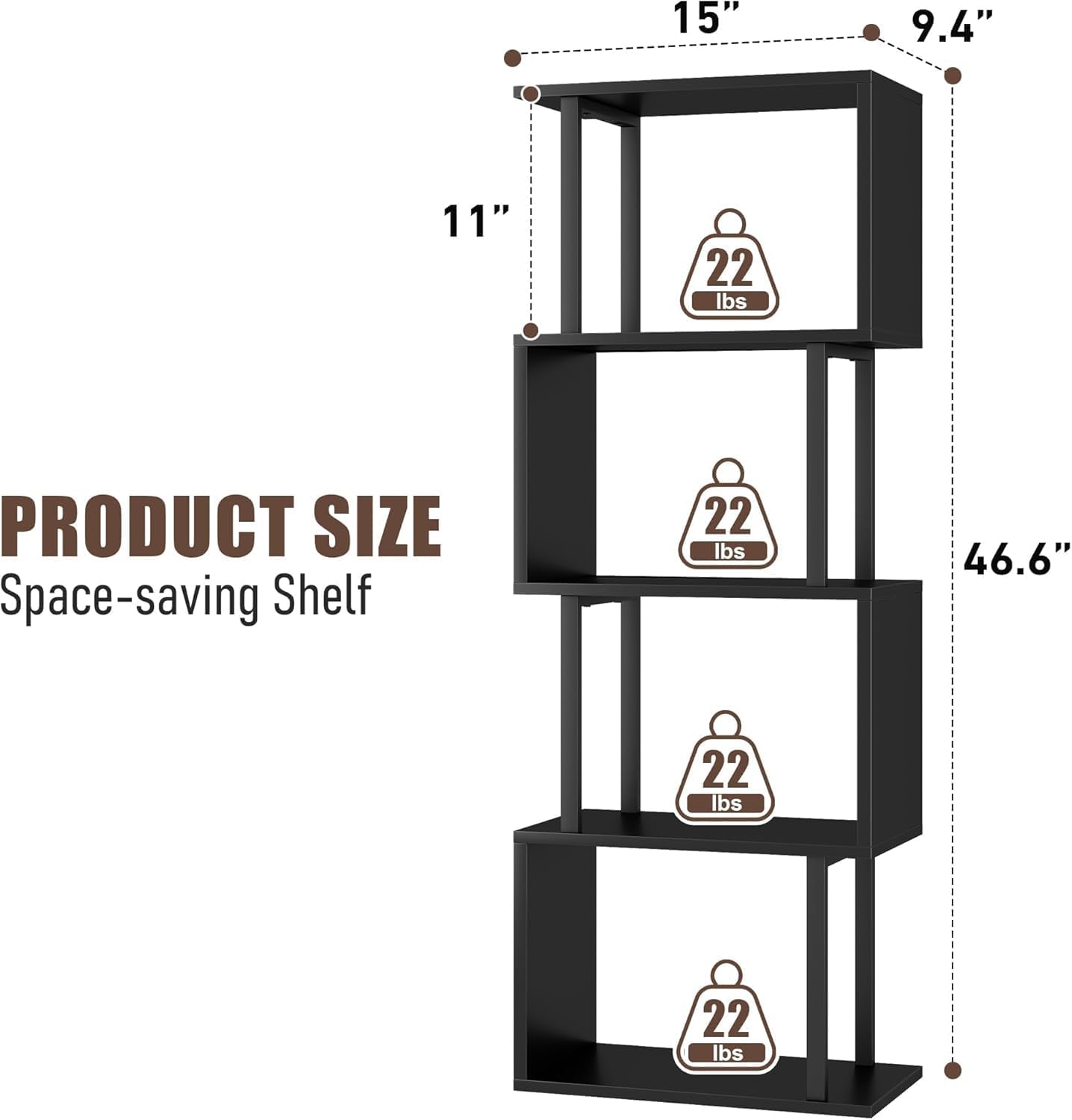 Gadroad 4-Tier Bookshelf, Narrow S-Shaped Geometric Bookcase, Wood Decorative Storage Shelving, Modern Freestanding Display Shelves, Book Shelf Unit for Living Room Bedroom Home Office, Black