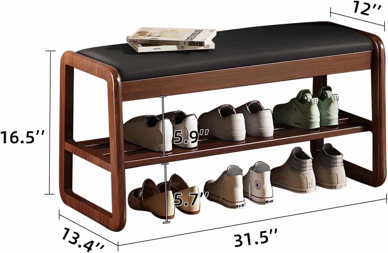 Wooden Shoe Storage Bench with Padded Top Cushion, Two-Tier Wooden Shoe Rack, Suitable for Bedrooms and Living Rooms, Black Walnut(31.5'')
