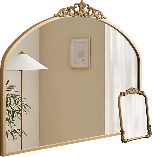 1 Set Vintage Mirror 36x29 Gold Antique Baroque Arched Ornate Traditional Brass Mirror and 8.5x12 Vintage Vanity Makeup Desk Table Mirror for Bathroom Entryway Living Room Hallway Fireplace