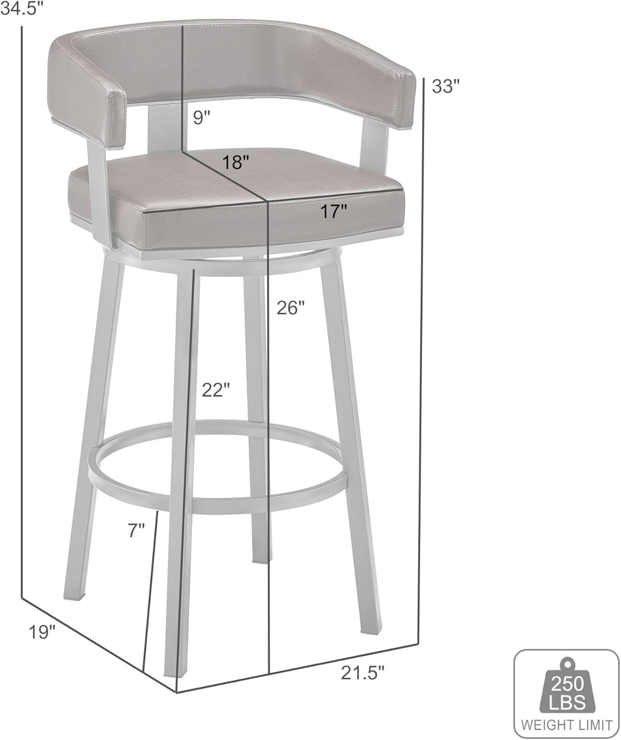 Armen Living Lorin Modern 26" Seat Height Gray Faux Leather and Brushed Stainless Steel Metal Swivel Bar Stool for Kitchen Island Counter