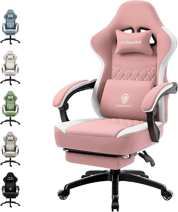 Dowinx Gaming Chair Breathable Fabric Game Chair with Gel Pad and Storage Bag, Comfortable Gamer Chair with Pocket Spring Cushion,Ergonomic Computer Chair with Footrest,Pink