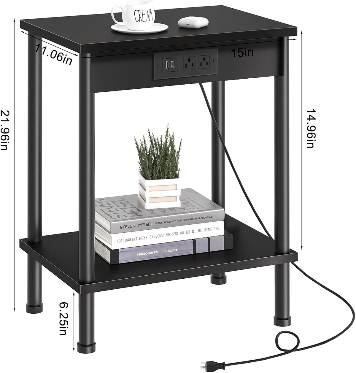 End Table with Charging Station,Small Side Table,2-Tier Nightstand with Storage Shelf,Sofa Bedside Table for Small Spaces in Living Room,Bedroom,Office,Easy Assembly,Black