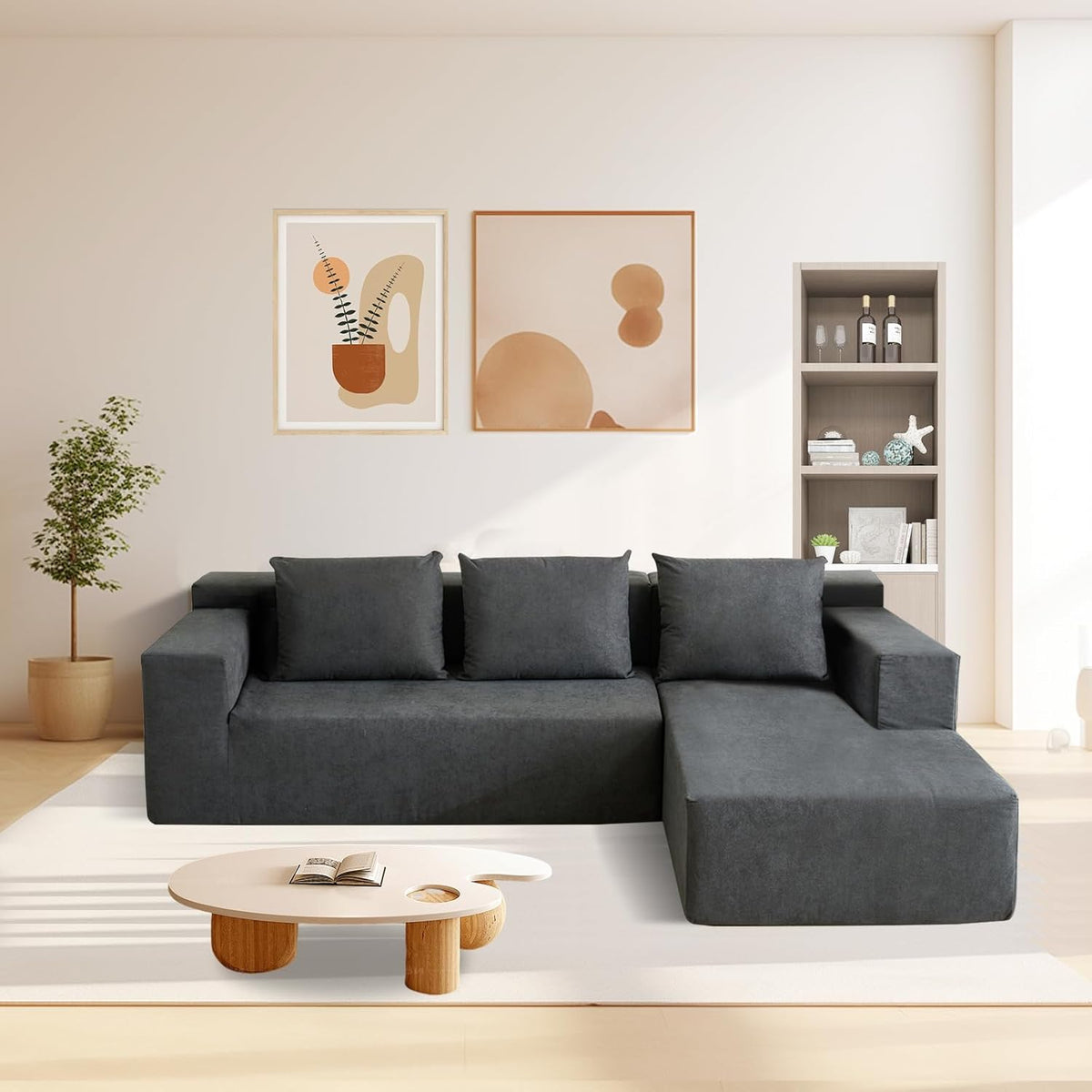 ANONER 103” Cloud Sectional Sofa L-Shaped Boneless Couch, Modern Minimalist Modular Free Combination Foam Sofa with Deep Seat for Living Room, No Assembly Required, Dark Grey