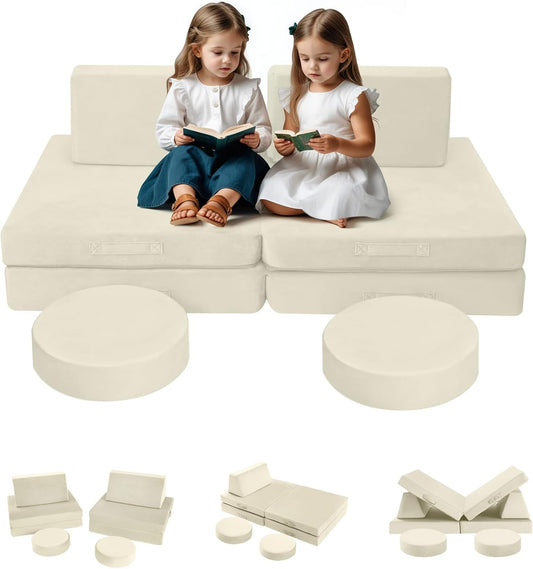 MeMoreCool Modular Kids Play Couch, Beige Foam Sofa and Fort Explorer Building Set for Toddlers and Playroom