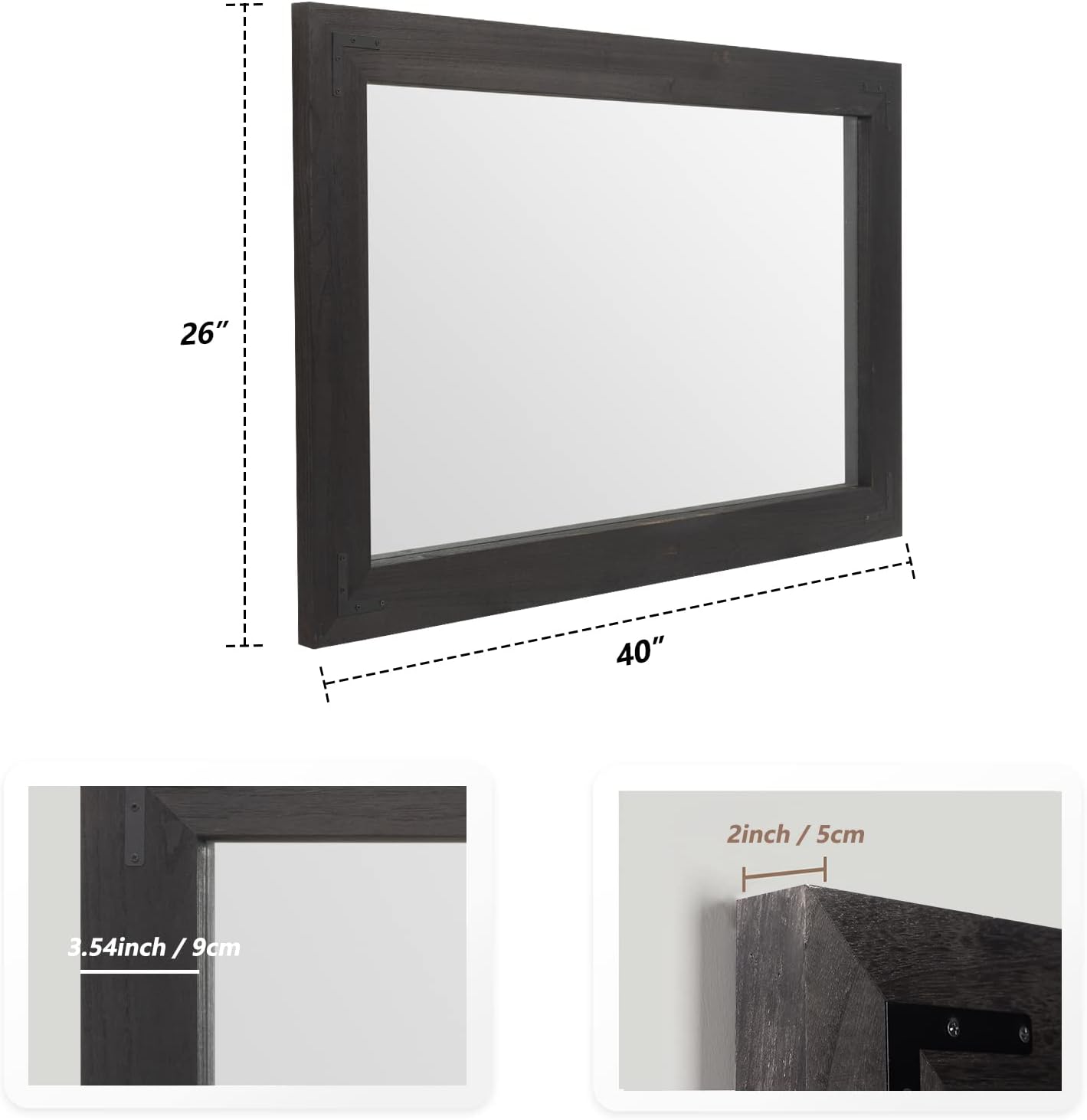 YOSHOOT Rustic Wooden Framed Wall Mirror, Natural Wood Bathroom Vanity Mirror for Farmhouse Decor, Vertical or Horizontal Hanging (40" x 26", Black)