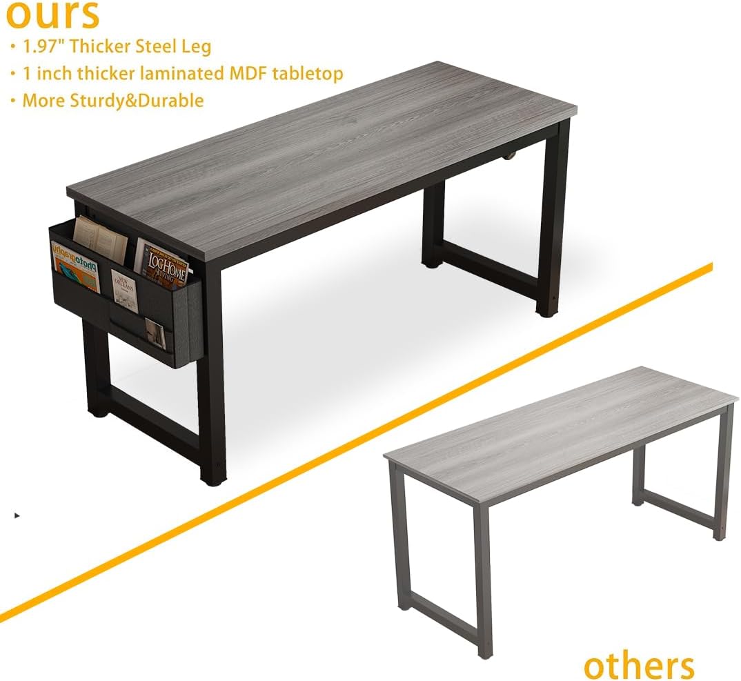 Large Computer Desk - 63 Inch Home Office Desks Study Student Writing Table Gaming Desk Wood Modern Simple Table with Storage Bag & Headphone Hooks, Grey