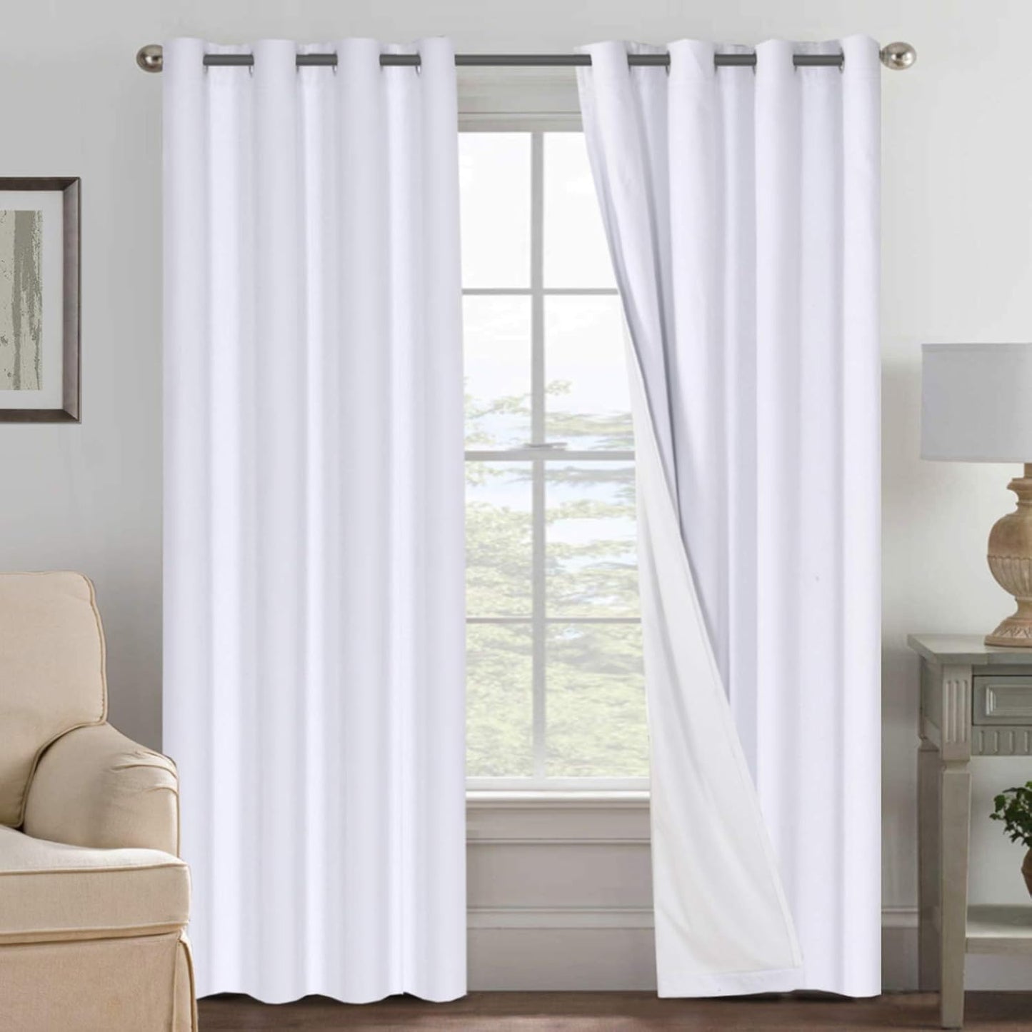H.VERSAILTEX Linen Blackout Curtains 84 Inches Long 100% Blackout Thermal Insulated Textured Linen Look Curtain Draperies Anti-Rust Grommet, Energy Saving with White Liner, 2 Panels, Bright White