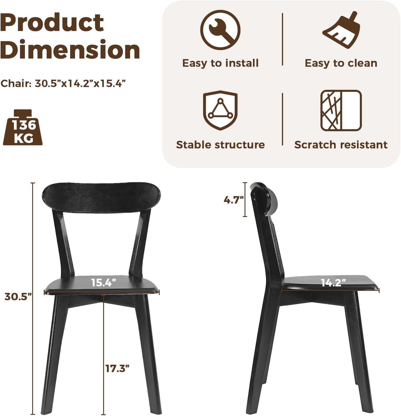 DELAVIN Soild Wood Dining Chairs Set of 6, Mid Century Oak Wood Kitchen Chairs, Vintage Dining Room Chairs Set Suitable for Kitchen, Black