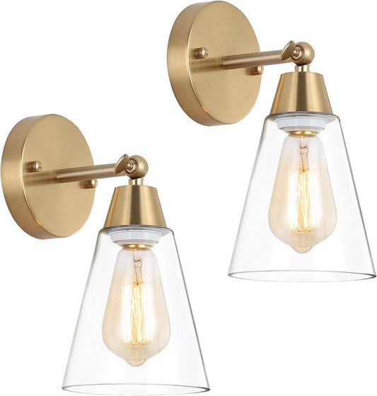 MWZ Gold Wall Sconce Set of 2,Modern Brushed Brass Sconces Lighting with Clear Glass Shade,Bathroom Light Fixtures Over Mirror,Vanity Lights Over Sink,Indoor Wall Mount Adjustable Angle Lamp