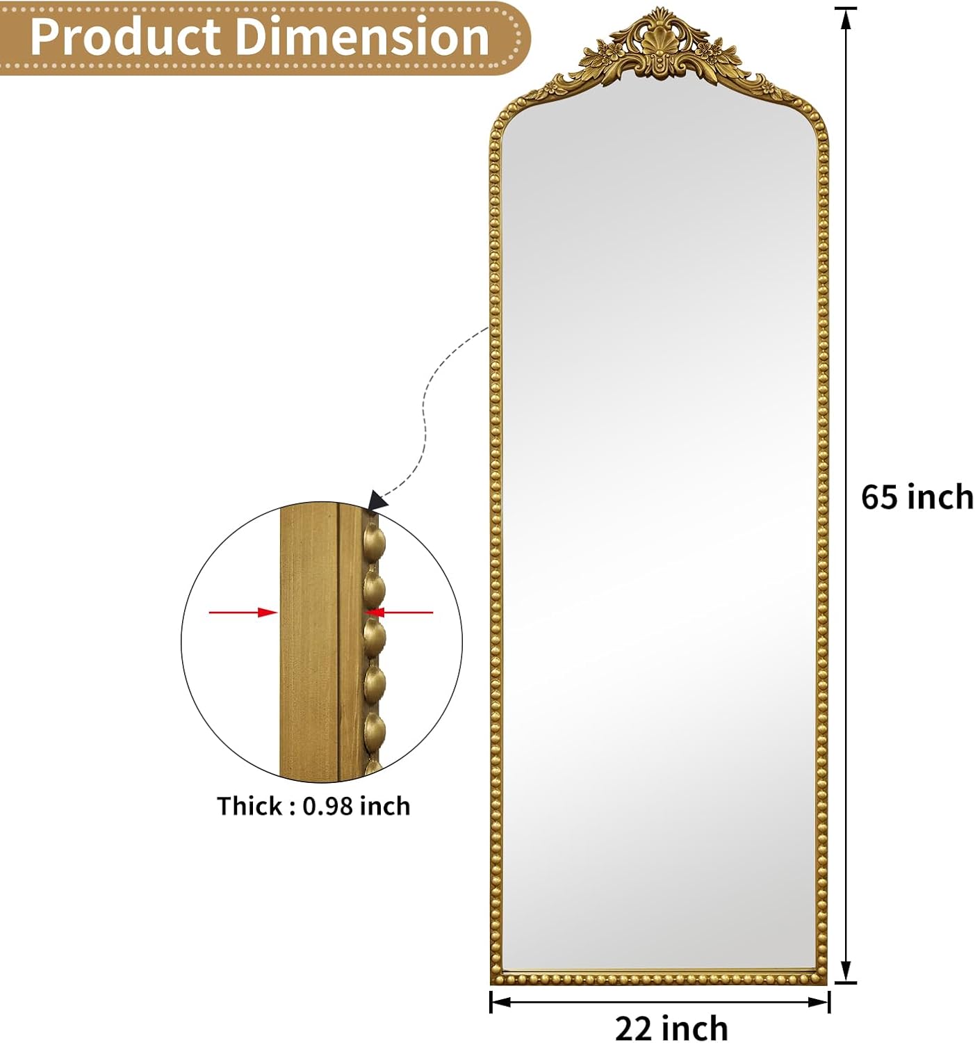 G-LEAF Vintage Baroque Full Length Floor Mirror 22"X65", Victorian Antique Mirror with Brush Gold Ornate Metal Frame for Fireplace Entryway Living Room Hallway Bathroom