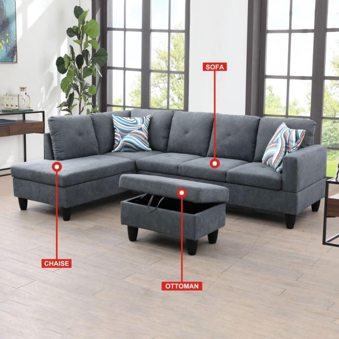 Dark Grey L-Shaped 3-Piece Flannelette Sofa with Storage Ottoman Set, Sectional Couch Sofa Set for Living Room, Office, Small Space