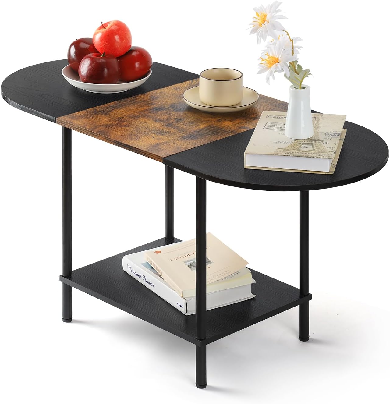 Coffee Tables for Living Room,2-Tier Small Oval Center Table Industrial Modern Style Coffee Tables with Storage Shelf and Wood Tabletop for Small Space,Home Office,Brown & Black