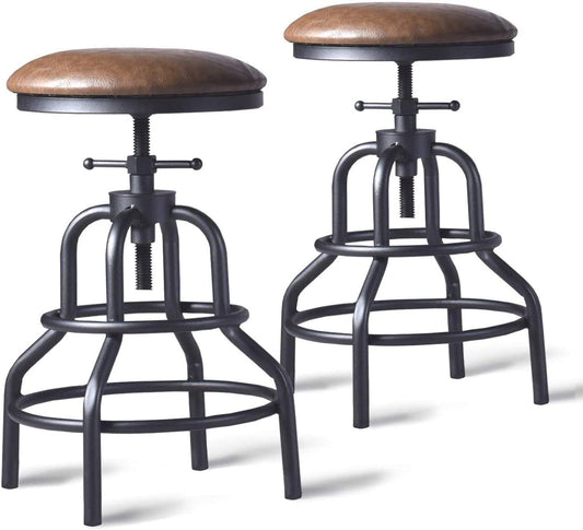 Diwhy Industrial Vintage Counter Stool, Kitchen Counter Height Adjustable Swivel Chair, Metal Frame Stool, 20.47-26.77 Inch, Fully Welded Base, Brown PU Upholstered, Set of 2