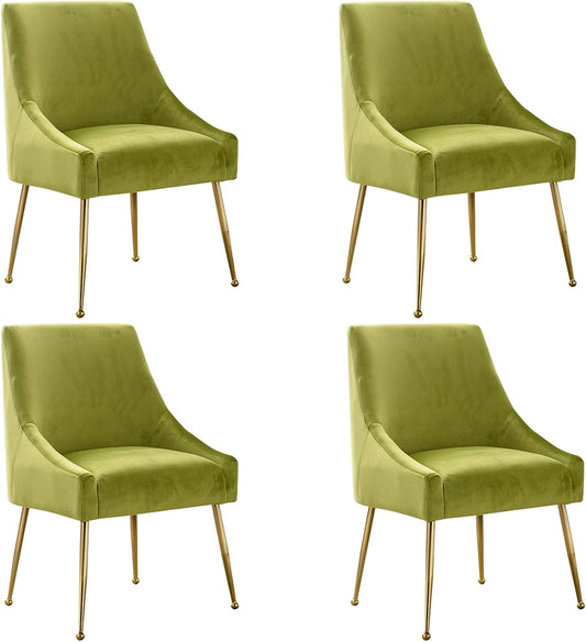 Modern Velvet Dining Chairs Set of 4, Contemporary Upholstered Furniture Collection with Polished Gold Metal Legs, Elegant Accent Chairs for Kitchen Living Room(Yellow Green)