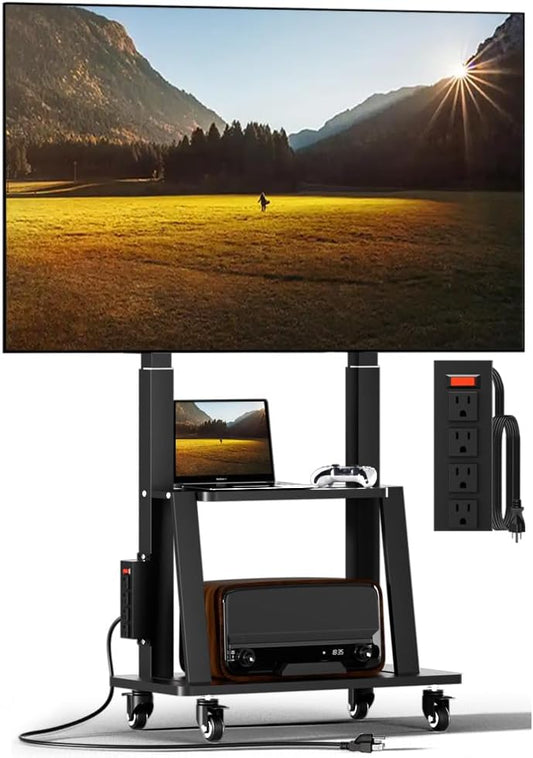 Mobile TV Cart with Power Outlet, Rolling TV Stand on Wheels for 32 to 65 70 75 83 inch TV, Height Adjustable,Holds up to 130LBS, Vesa 600×400mm.