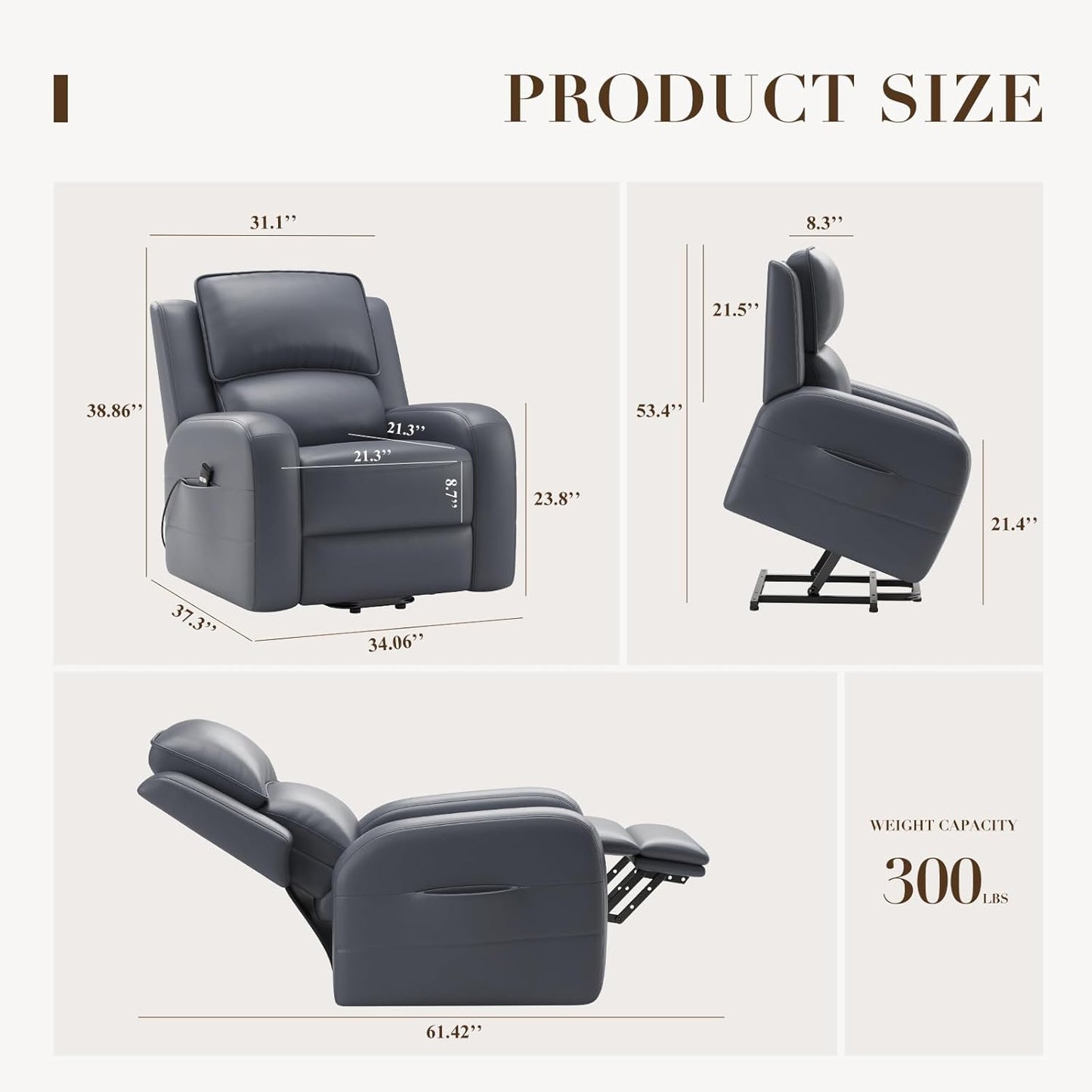 COLAMY Power Lift Recliner Chair for Elderly – Electric Leather Recliner with Remote Control, Ergonomic Backrest, Spacious Seat, Side Pocket & 2-Button Operation, 300lbs Capacity (Grey)