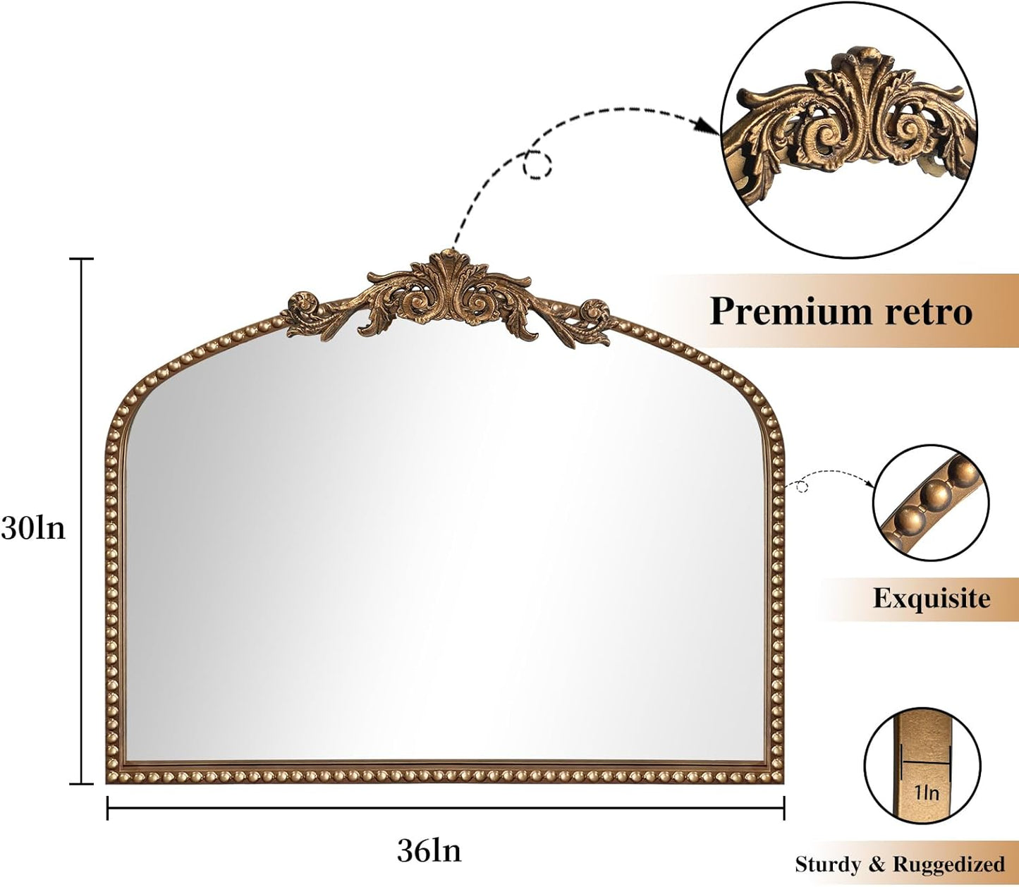 ironsmithn Gold Arched Mirror, 30"x36" Ornate Beaded Frame Mirrors, Metal Decorative Accent Mirror for Fireplace Bedroom Bathroom Living Room Entryway
