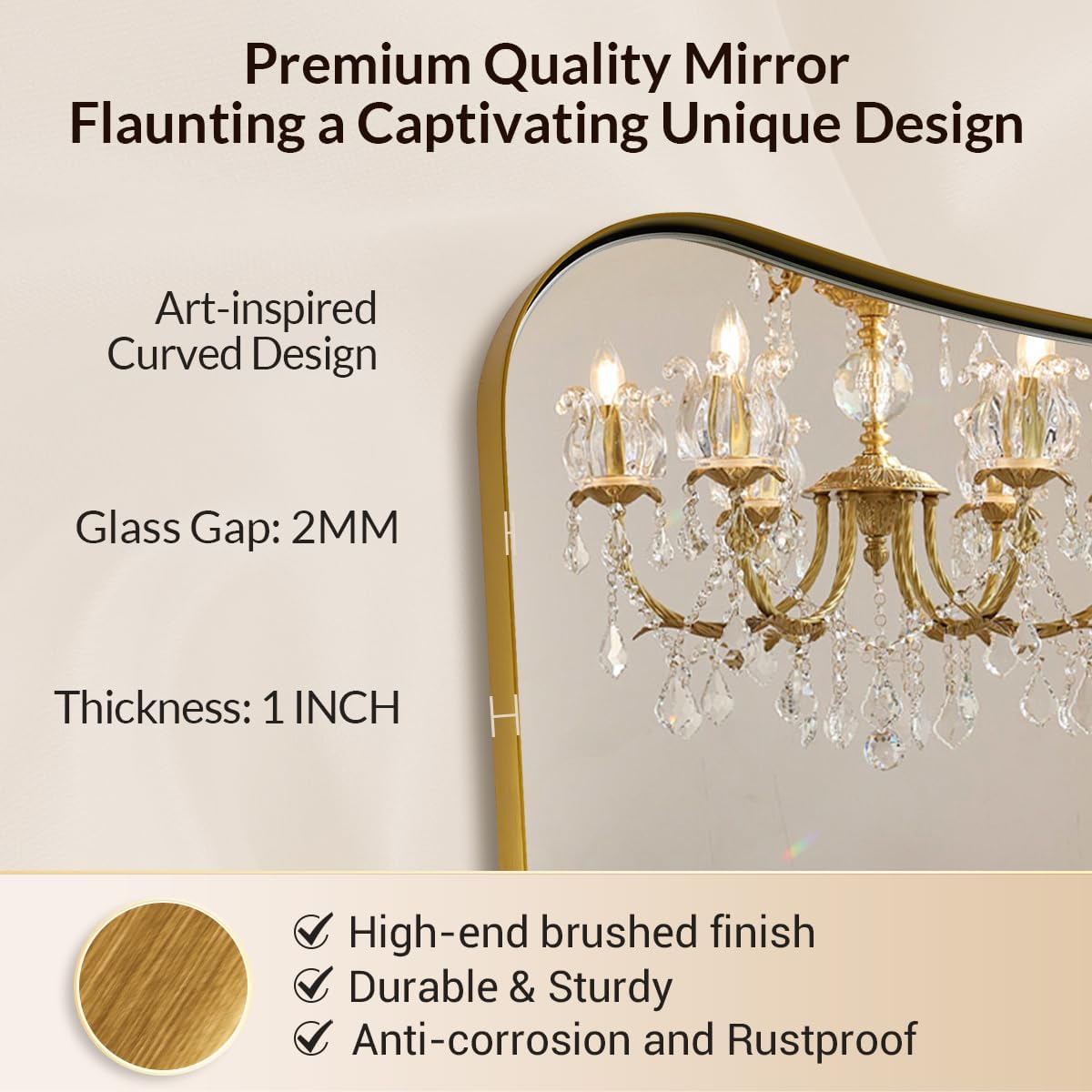 Gold Mirror for Bathroom, Asymmetrical Mirrors for Wall, Vintage Vanity Mirror, Irregular Mirror in Stainless Steel, 22 x 30 Antique Brass Wavy Mirrors Wall Mounted Vertically Only