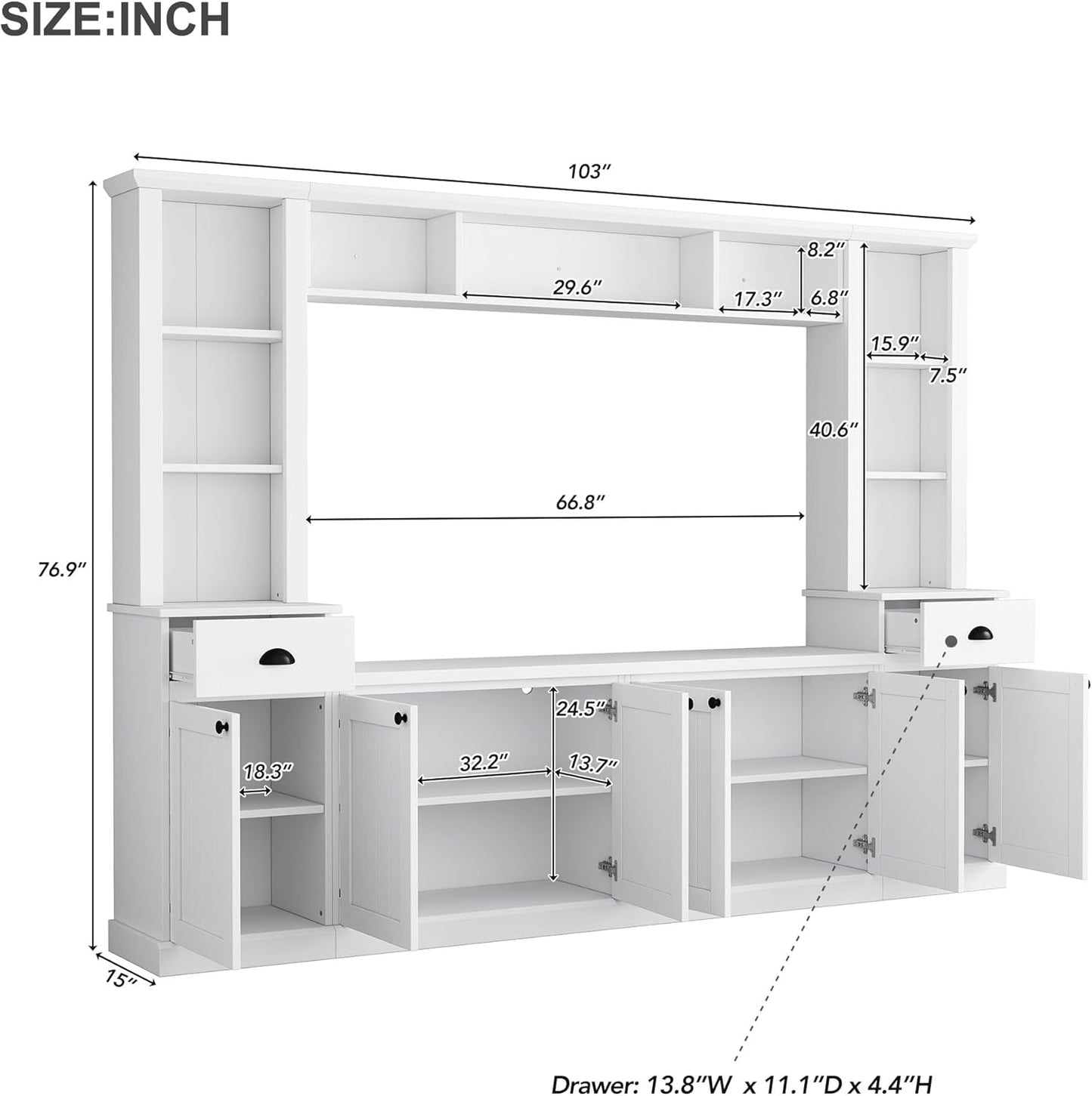 Merax Modern TV Stand Set w/Adjustable Bridge, Storage Media Console & Wall Units - Minimalist Entertainment Center for Living Room, White