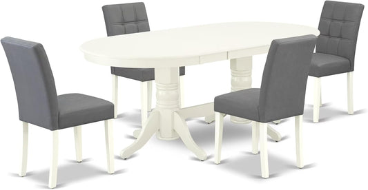 East West Furniture VAAS5-LWH-41 5 Piece Dining Table Set consists A Modern Dinner Table and 4 Platinum Gray Polyester Fabric Mid-Century Chairs with Stylish Back- Linen White Finish