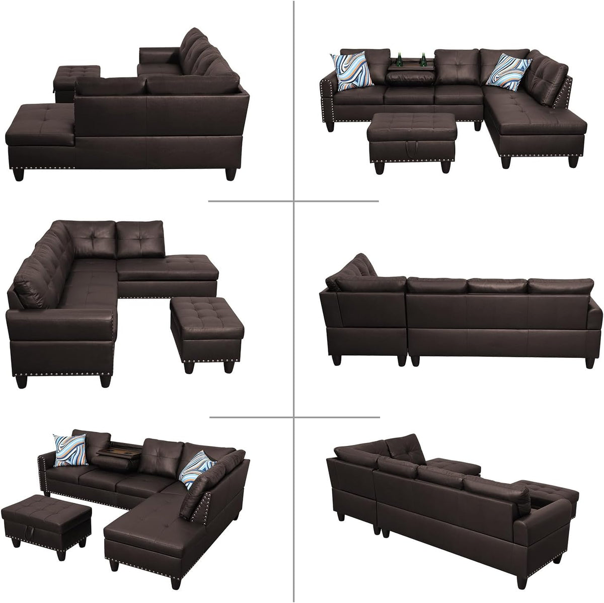 L Shaped Modular Sectional Sofa with Reversible Chaise Lounge, 5-Seater Corner Couch, PU Leather Convertible Sofá w/Movable Ottoman, Cup Holders, 2 Pillows and Rivet Ornament for Living Room