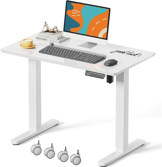 JOY worker Small Glass Standing Desk, 35" x 20" Electric Whole Piece Height Adjustable Desk with 4 Lockable Casters, Mobile White Sit to Stand Workstation for Home Office