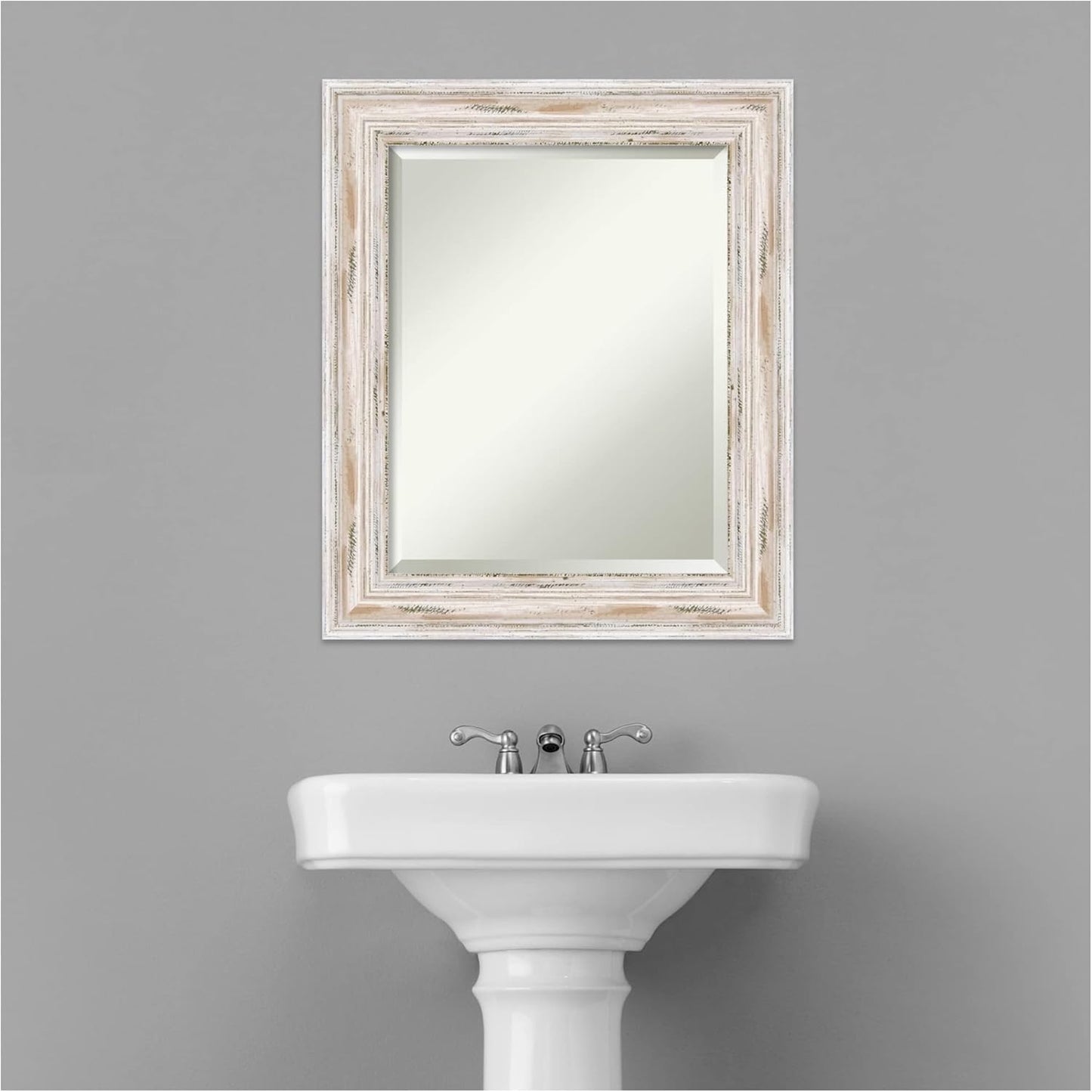 Amanti Art White Bathroom Mirror for Over Sink, 25x21 Alexandria White Wash Rectangle Vanity Mirror, Small Coastal Wood Frame, Hangs Horizonally and Vertically, Bathroom Wall Decor, Beveled Edge