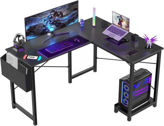 Whitmor L Shaped Gaming Desk - 50 Inch Reversible Corner Computer Desk with Wood Top, Metal Frame, CPU Stand & Side Bag, Home Office Dorm Sturdy Writing Workstation, Black