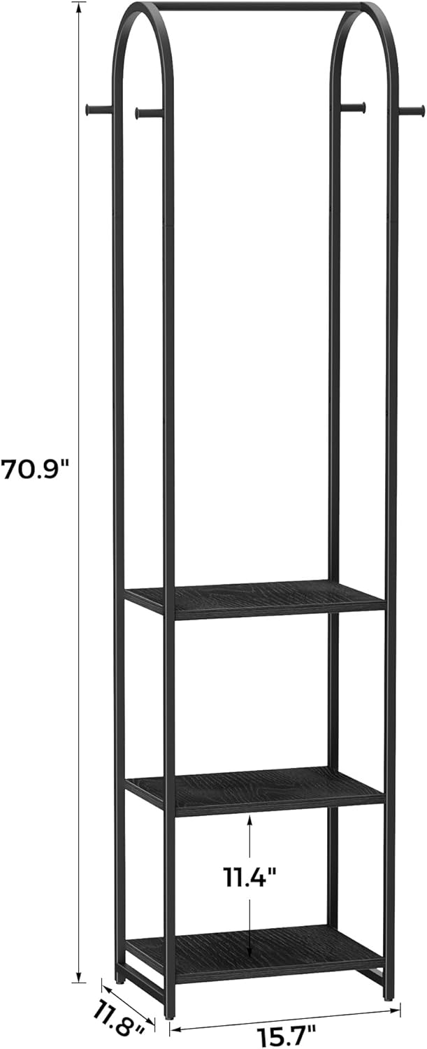 Garment Rack, Coat Rack With 3 Shelves and 4 Hooks, 71" H Clothes Stand For Hanging Clothes, Hanging Rod For for Bedroom, Hallway, Entryway, Office, Living Room, Black